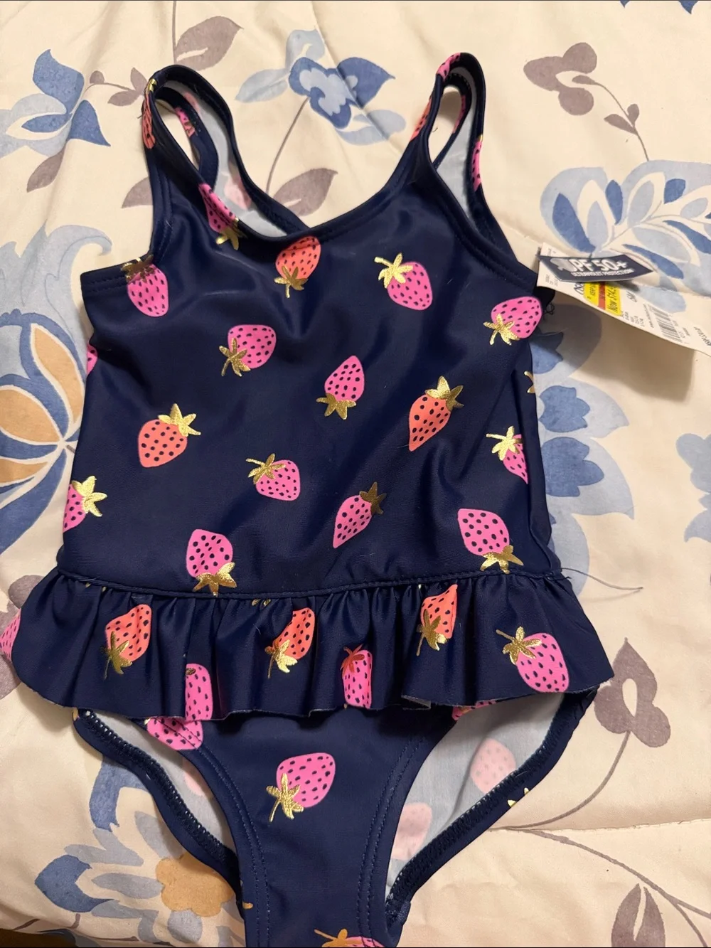 OshKosh B'gosh Navy One-Piece Swim with Pink Strawberry Print and Gold Accents